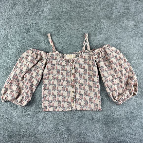 Nation LTD Shirt Womens XS Pink Blue Smocked Puff Sleeve Button Up Floral Top - Picture 1 of 12